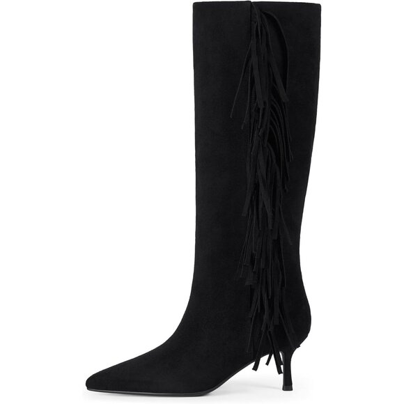 Women Suede Black Knee High Boots Kitten Heels Tall Pointed Toe Long Boots - Picture 4 of 9